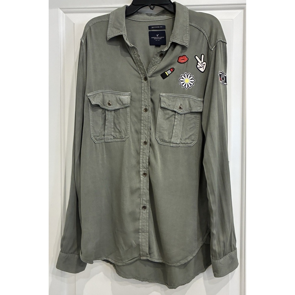American‎ Eagle Boyfriend Fit Button-Up Shirt Womens S Olive Green Patches Y2K